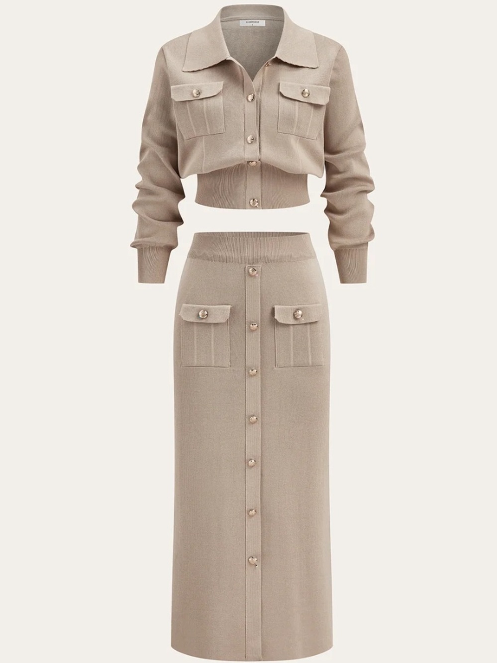 Commense Metal Button Collared Cardigan Khaki Midi Skirt Set NWT Small